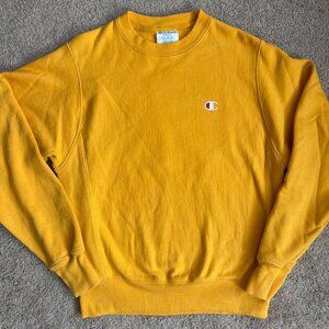 Champion Sweatshirt Mens Small Yellow Reverse Weave Crewneck Thick Embroidered